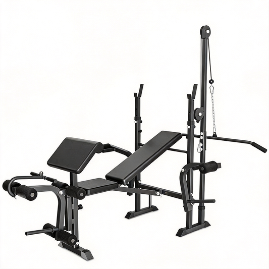 FLEXEE Adjustable 4-in-1 Weight Bench Set with Squat Rack and Leg Curl