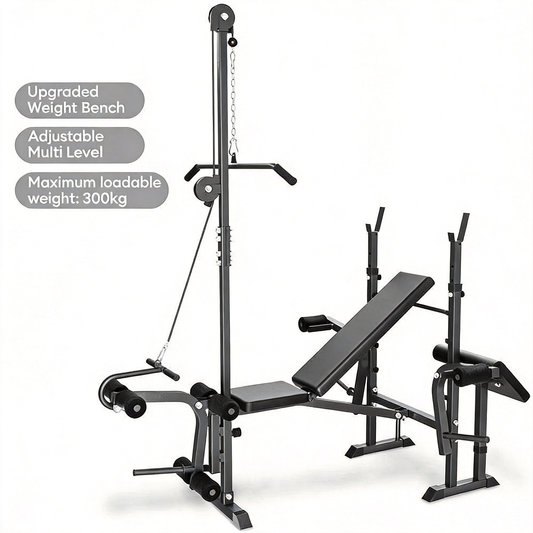 FLEXEE Adjustable 4-in-1 Weight Bench Set with Squat Rack and Leg Curl