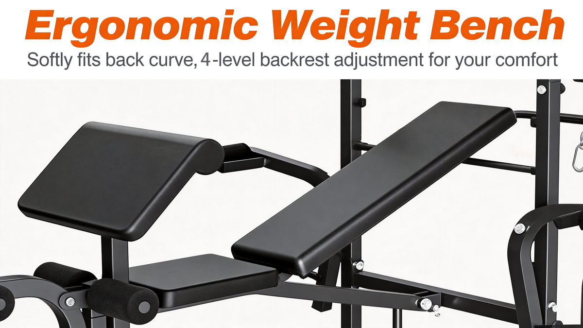 FLEXEE Adjustable 4-in-1 Weight Bench Set with Squat Rack and Leg Curl